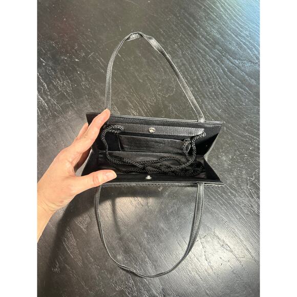 Y2K 90s- Patchwork- neutrals- mini top handle clutch bag- black trim some wear - Picture 5 of 6